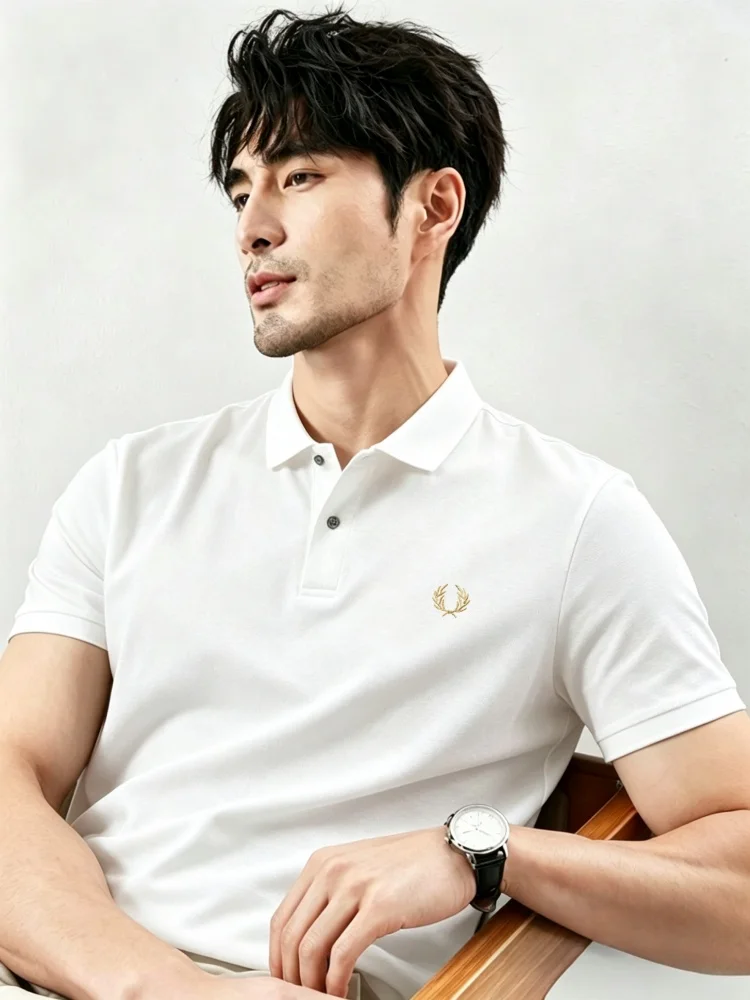 100% pure cotton boutique men's short sleeve polo shirt summer fashion wheat exquisite embroidery design golf top casual T-shirt