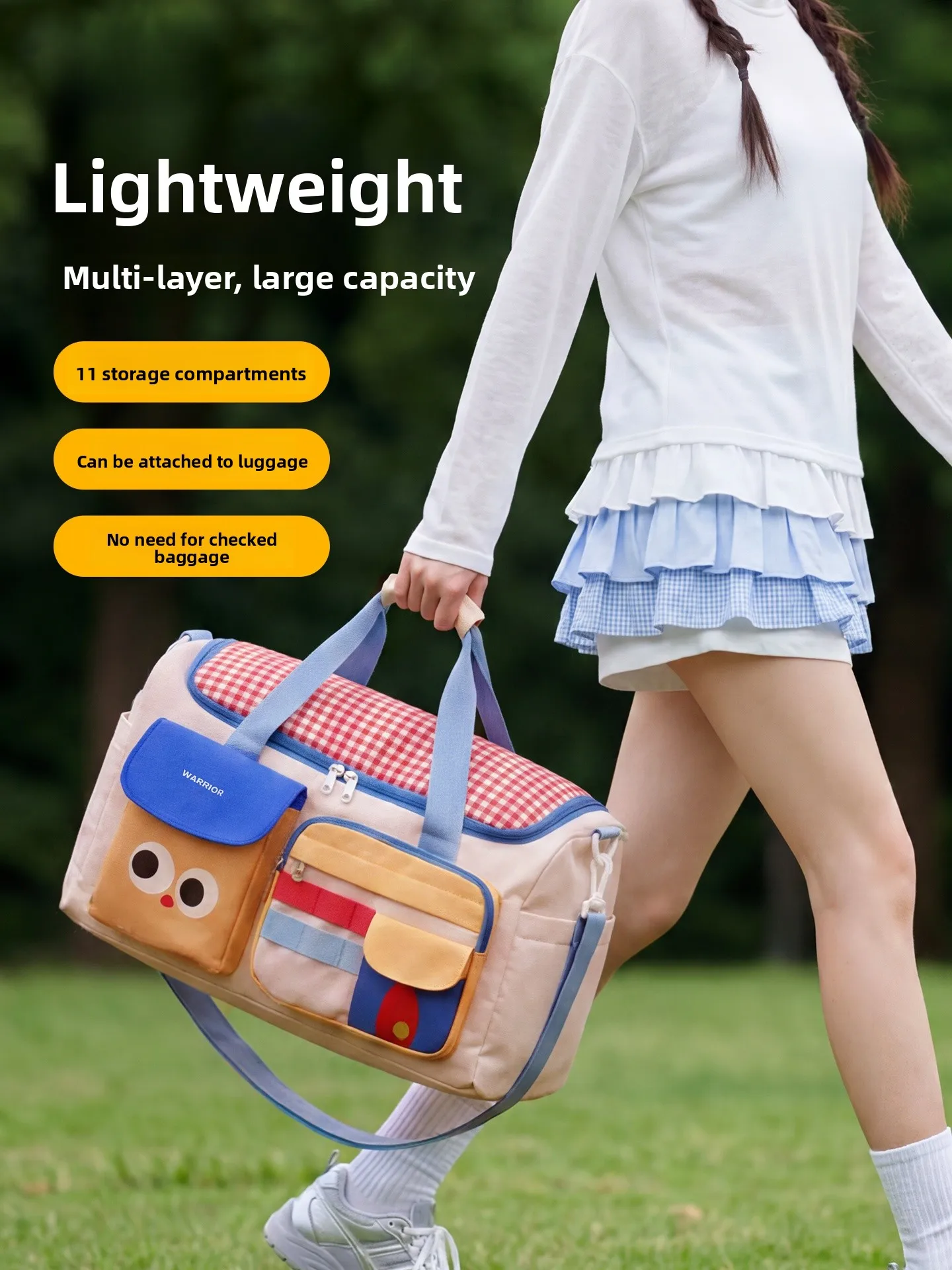 warrior-ladies-short-trip-handbag-lightweight-portable-luggage-high-aesthetic-value-large-capacity-dopaamine-travel-bag