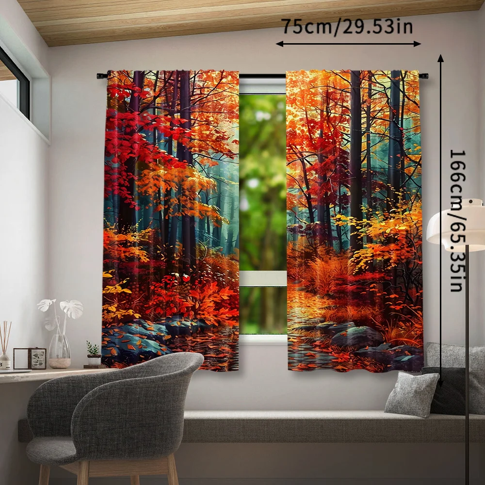 

2pcs Vibrant Autumn Forest Curtains - Rod Pocket Window Treatment with Serene Lake & Foliage Design, Perfect for Bedroom, Office