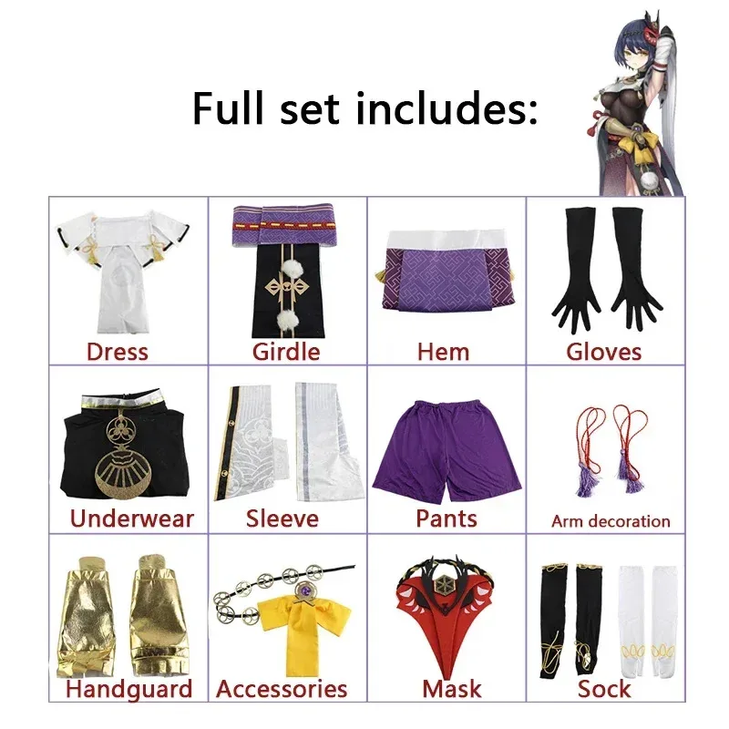 2025 11 زي أنيمي جينشين إمباكت يولو سارة مجموعة كاملة مع فستان شعر مستعار وغطاء للرأس قناع أغطية الرأس للهالوين كوسبلاي c