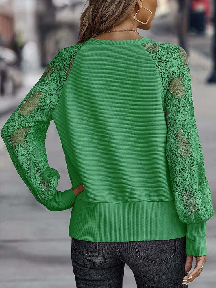 Autumn Fashion Lace Stitching Knitwear Blouses Women Long Sleeve V Neck Tops Green Elegant Loose 3XL Hollow Out Clothes 24333