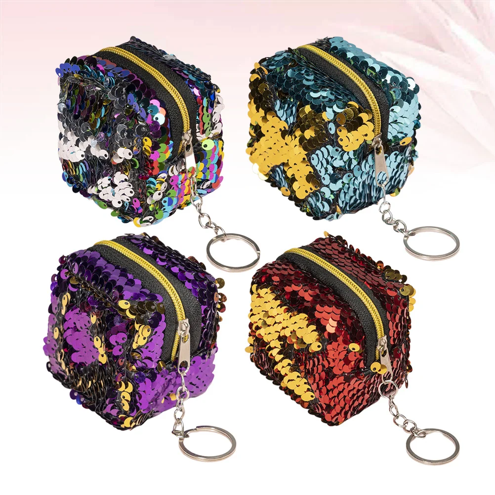4Pcs Sequin Small Wallet Zippered Coin Purse Compact Short Purse Change Pouch Portable Key Holder Lightweight for Work Shopping