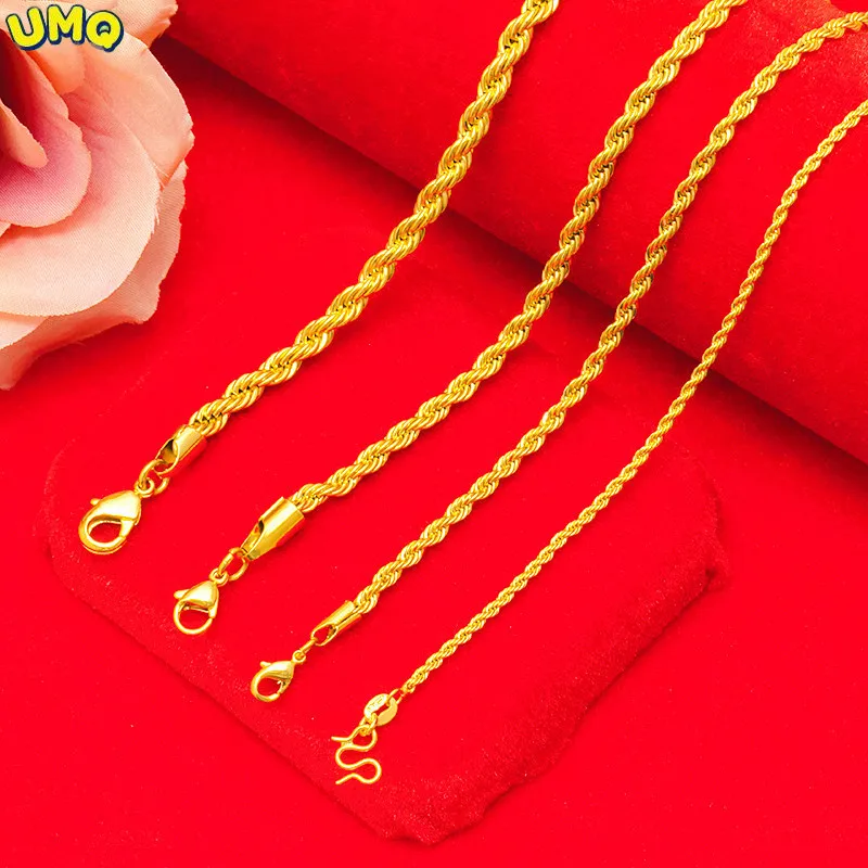 

Plated 100% Real Gold 24k 999 Couple 999 Necklace 2/3/4/5mm Twisted Chain 999 for Men and Women Pure 18K Gold Jewelry