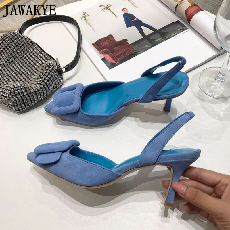 Zomer Merk Trouwschoenen Vrouwen Puntige Teen Canvas Slingbacks Jurk Schoenen Vierkante Gesp Decor Designer Banketschoenen Voor Vrouwen