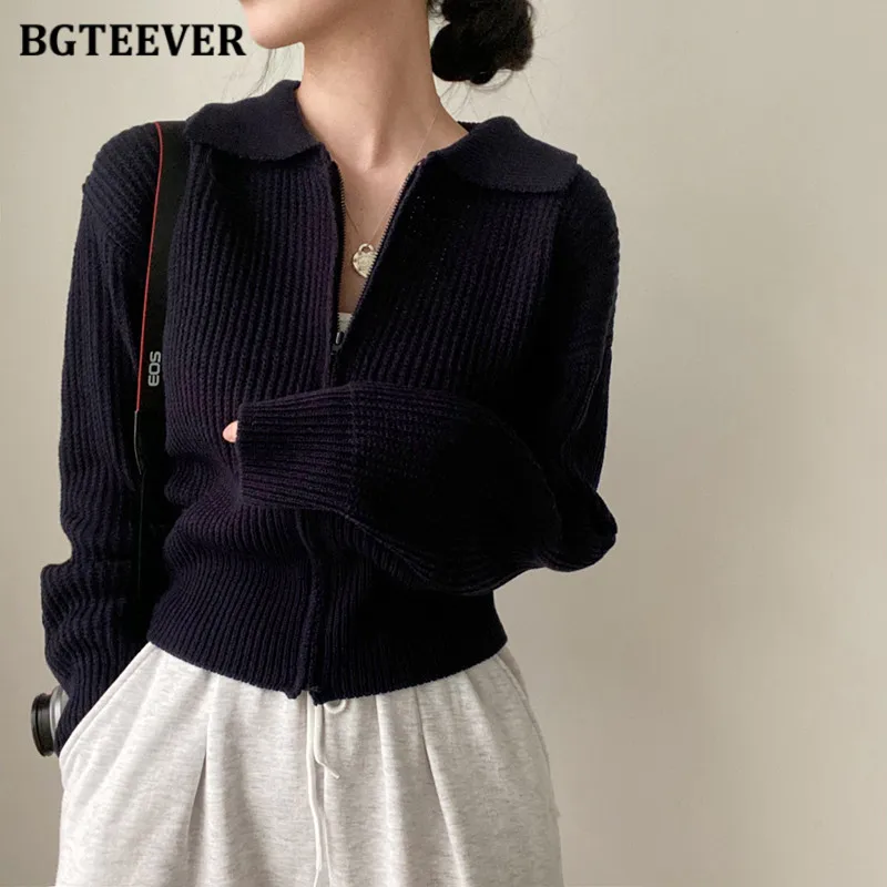 

BGTEEVER Turn-down Collar Ladies Zipper Up Knitted Cardigans Tops Auutmn Winter Long Sleeve Loose Female Sweaters Tops