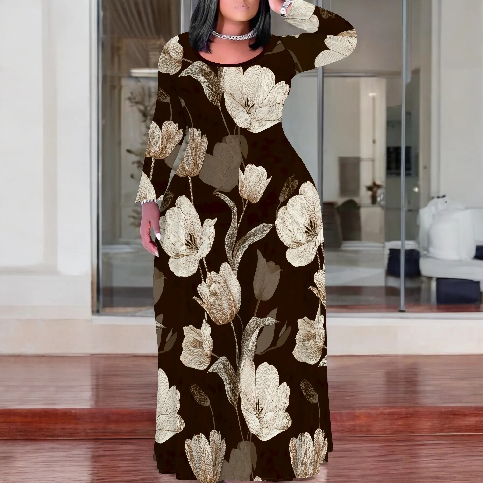 

Women's Blue Tropical Plus-Size Long-Sleeve Printed Tie Dress Polyester Maxi Party Spring Chic
