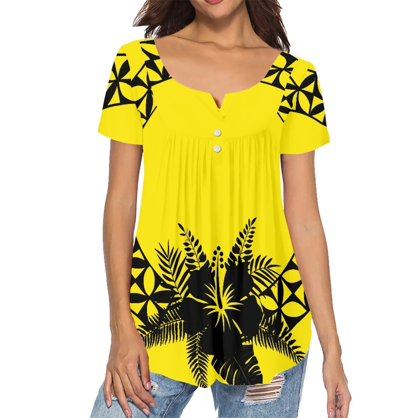 

Hawaii Tribe Summer Girls Shirts New Arrivals Fashion Hibiscus Flowers Women Clothing Short Sleeve V-neck Casual Women T-Shirts