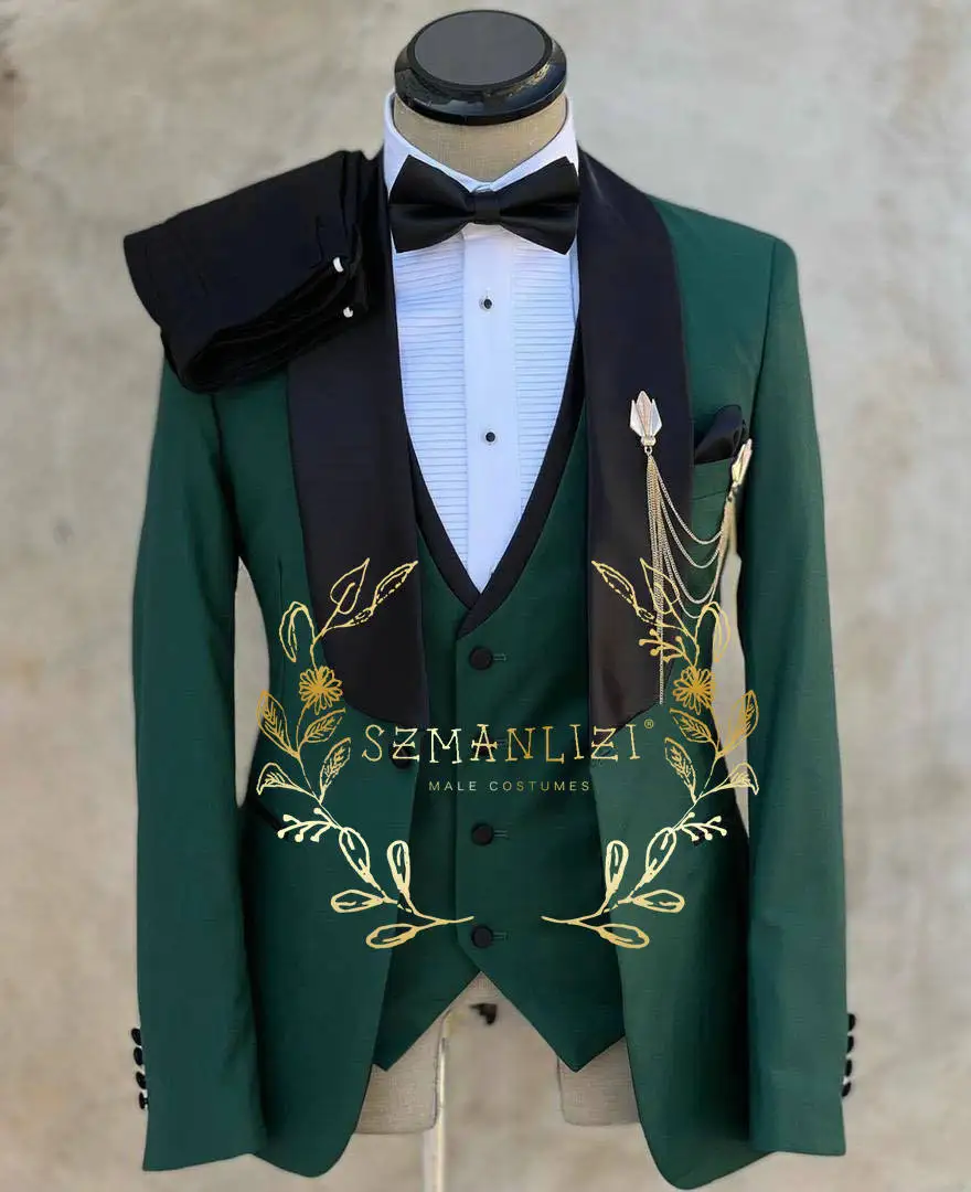 

Dark Green Men Suits Wedding Tuxedos Shawl Lapel Fashion Groom Formal Wear Slim Fit Blazer Jacket Pant Vest Costume Homme