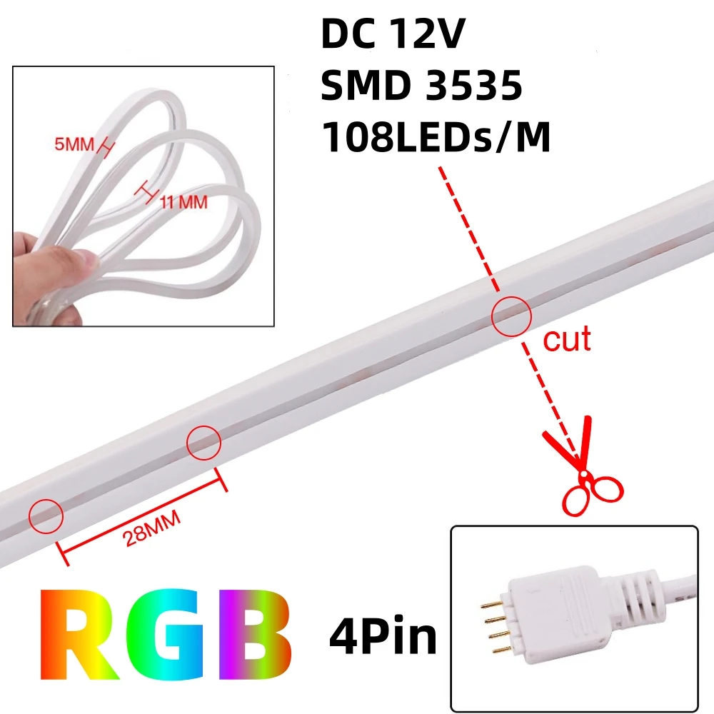 Tira de luces LED de neón RGB, 12V, 24V, 108LEDs/M, cinta de lámpara de silicona Flexible impermeable, cinta de 4 pines, 6x12MM, SMD3535,