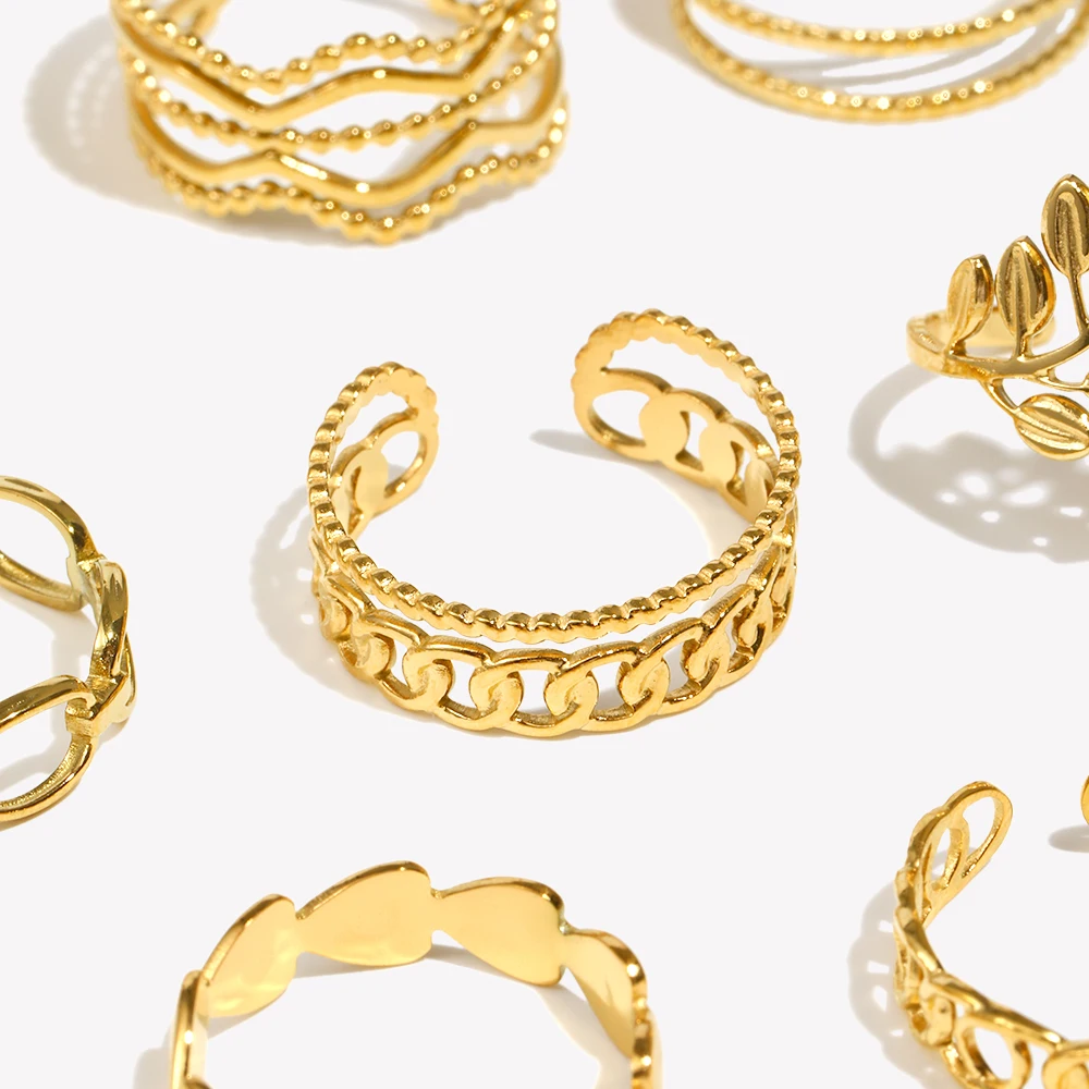 E.B.belle-Anillos ajustables chapados en oro de 18K para mujer, cadena hueca, corazón ondulado, Irregular, geométrico, sin deslustre, acero