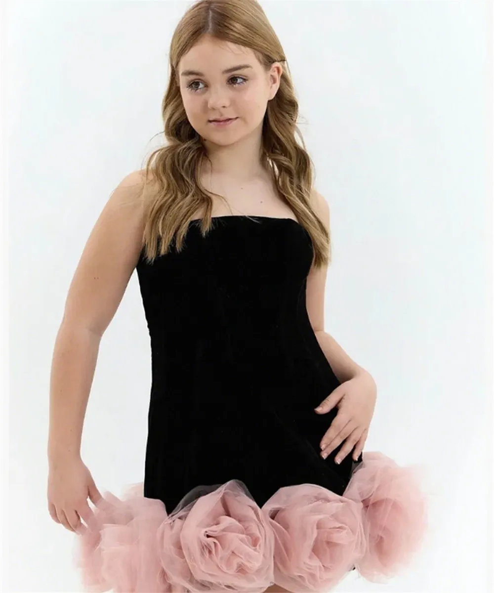 

Elegant Flower Girl Wedding Dress Strapless Sleeveless Floral Princess Birthday Party Dress Kids First Communion Gown Customized