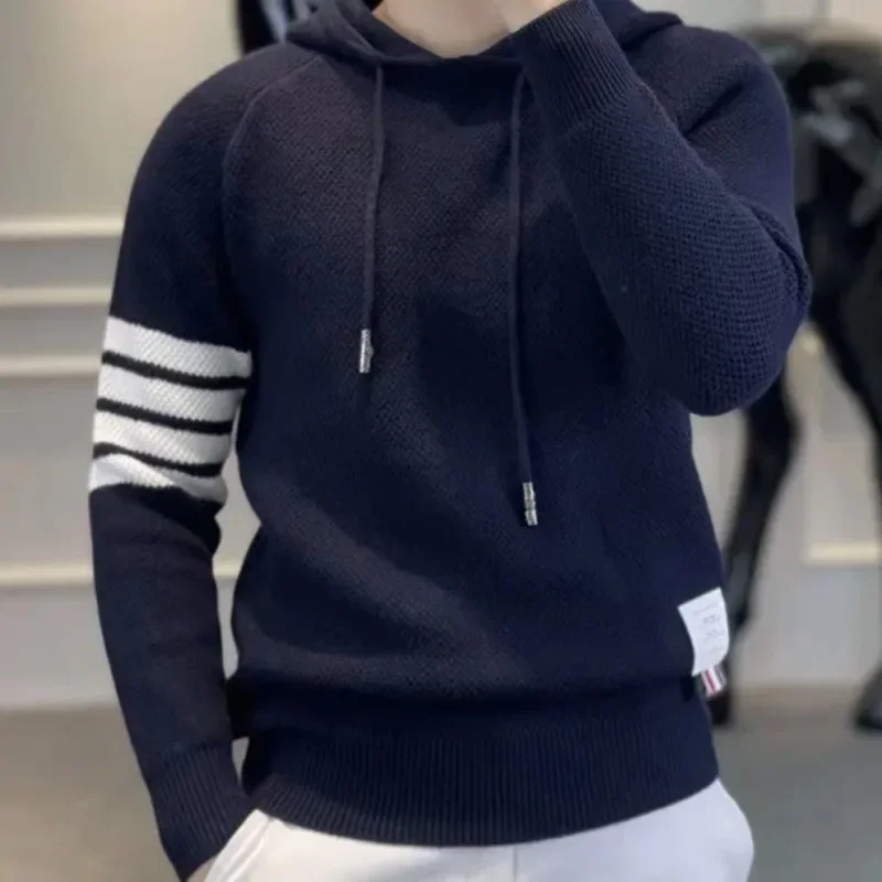 Autumn Winter New Men's High Design Sensibility Fashionable Versatile Trendy Knit Simple Hooded Long Sleeve Sweatshirt