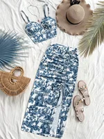 Tops de verano, vestido de mujer, traje de baño de 2 piezas, traje de baño para vacaciones en la playa, tirantes estampados, espalda descubierta, Top ajustado, falda con abertura lateral, vestido de fiesta