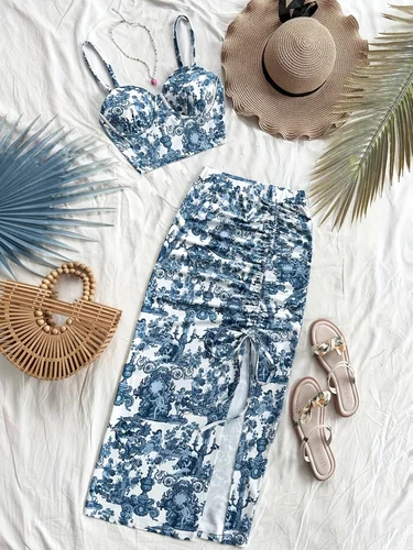 Tops de verano, vestido de mujer, traje de baño de 2 piezas, traje de baño para vacaciones en la playa, tirantes estampados, espalda descubierta, Top ajustado, falda con abertura lateral, vestido de fiesta