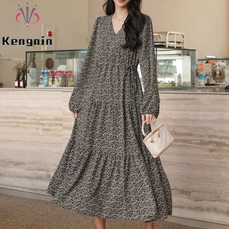 2023 Spring Autumn Women Dresses Korean Fashion Plus Size 5XL Lady Vestidos Print Floral Cake Style Female Robe Clothing KE3301