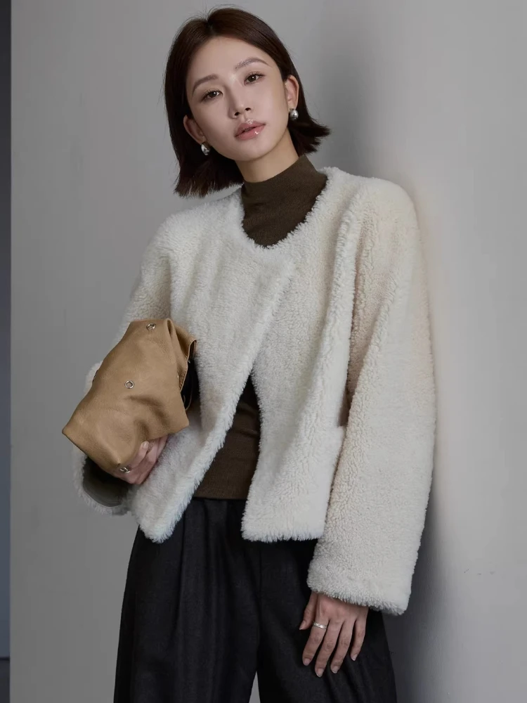 

High-end Luxury Merino Sheep Fur Plush Jackets for Women Simple Classic O-neck Short Winter Genuine Leather Real Fur Coat