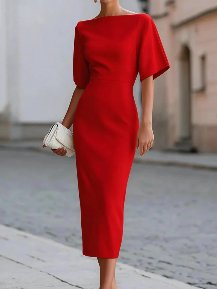 Slash Neck Patchwork Fashion Maxi Dress, Women Summer Half Sleeve Simple Party Dress, 2026 Solid Elegant Ladies Dress Streetwear