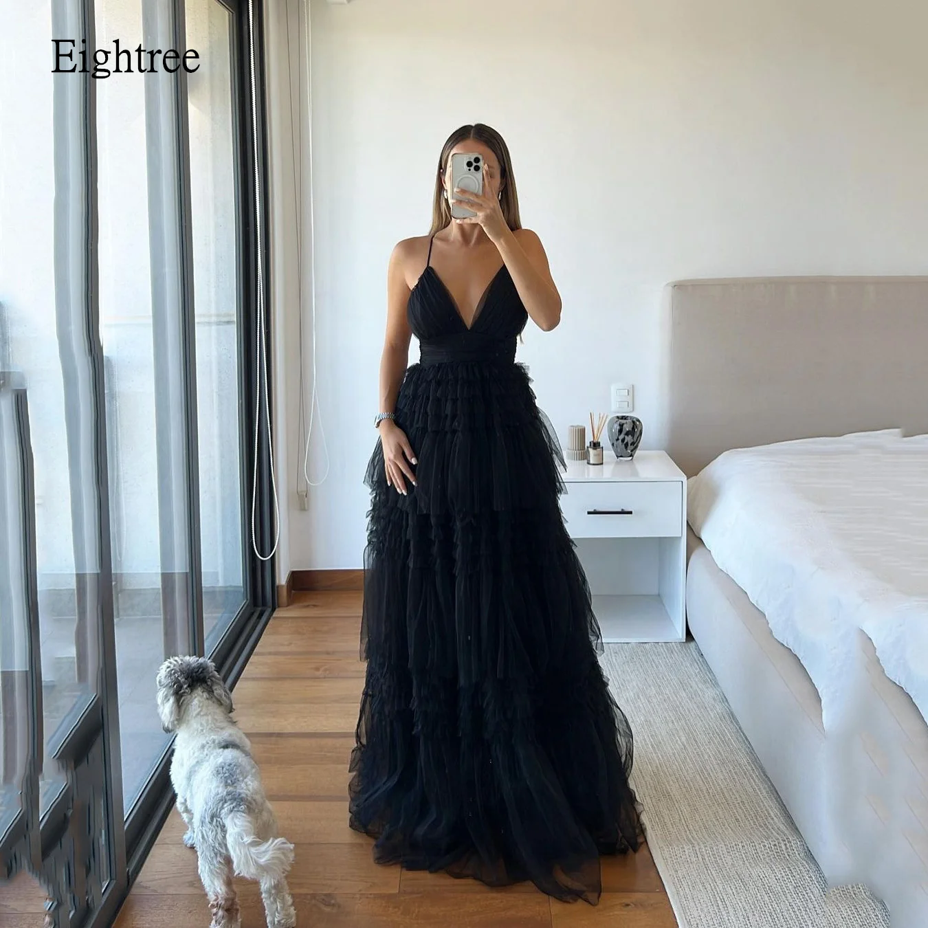 

Eightree A-line Prom Gowns Sleeveless Formal Party Gown V Neck Backless Evening Dress vestidos de fiesta Customized