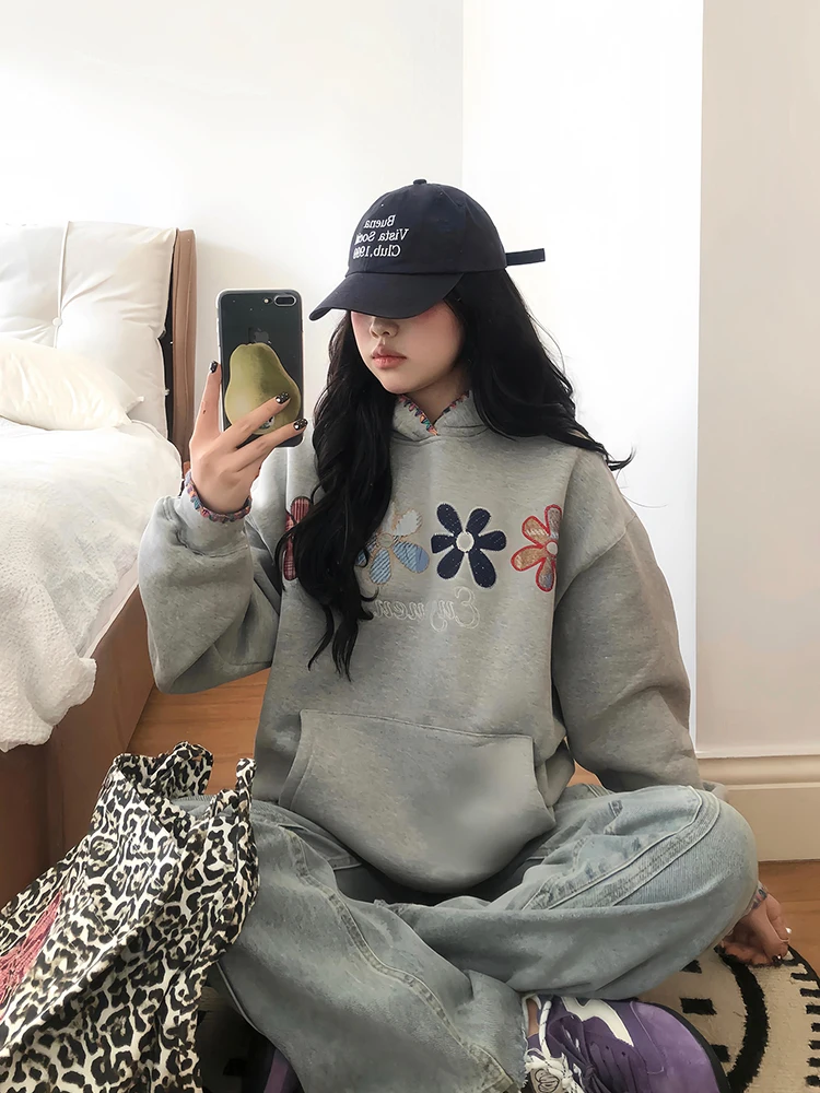 

Толстовка с вышивкой в американском стиле High Street, женская осенне-зимняя шапка Thiened Fce ell, пары Jaet, свободный крой, длинный све