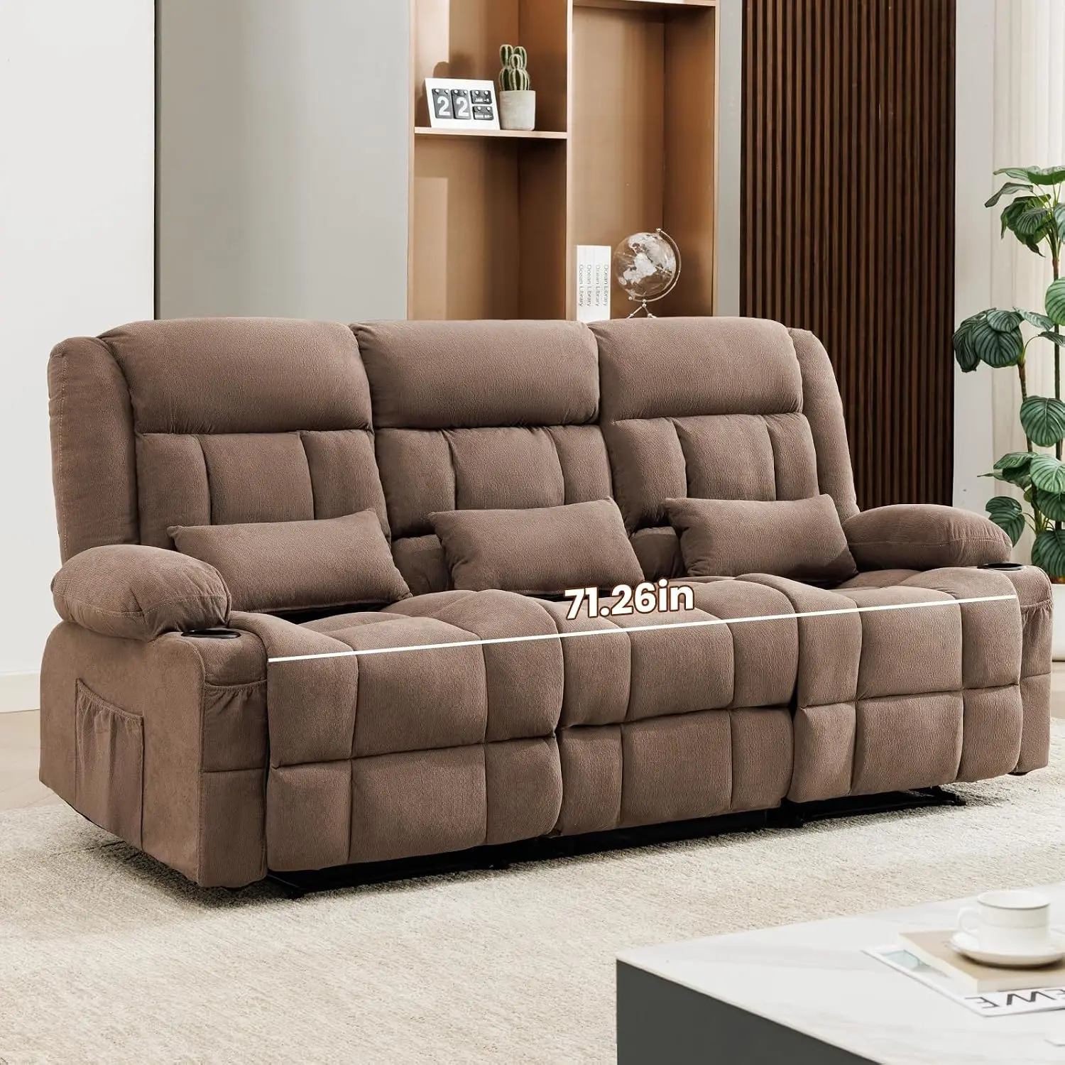 Manual Reclining Sofa With Cup Holders & Side Pocket For Living Room 3-Seater, Customized
