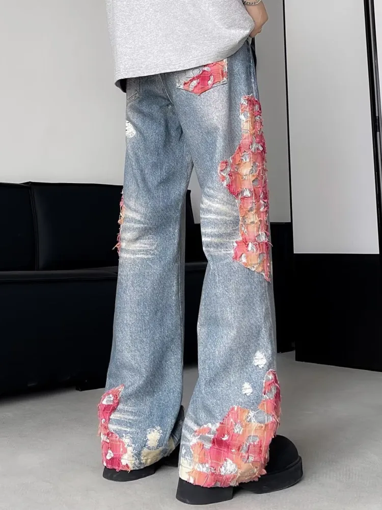 Women's Jeans High Street Sunset Lace Splicing High-rise Jeans Women's Micro-flared Pants Printed Straight Casual Trousers