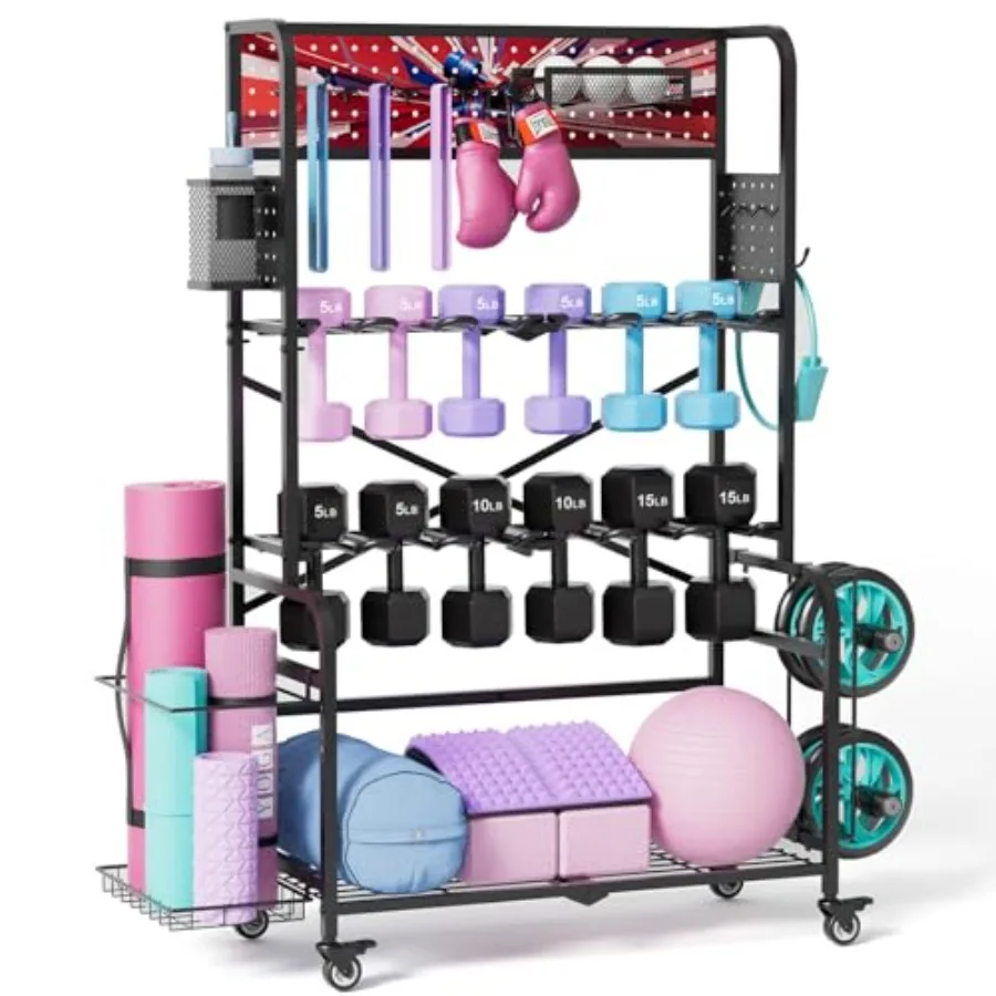 

Многофункциональная двухрядная стойка для гантелей с колесами для домашнего спортзала, сверхпрочный стальной органайзер для гантелей и весовых дисков