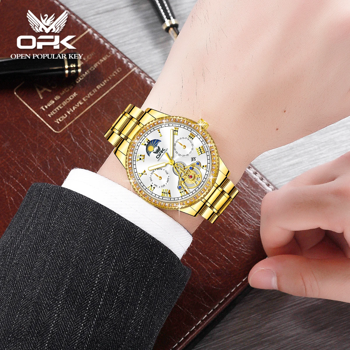 OPK brand luminous waterproof diamond-encrusted steel band men's quartz watch 8147