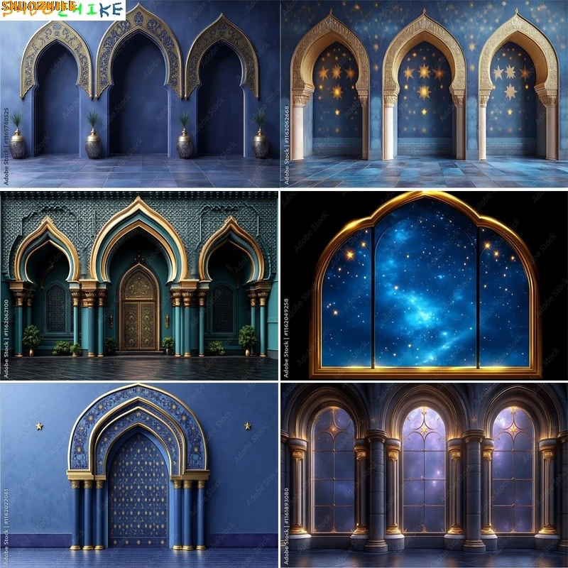 

Golden Palace Interior Background Elegant Hall Marble Columns Arch Windows Luxury Weddings Banquets Photography Backdrops GK-03