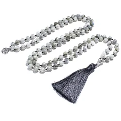 8mm White Labradorite Beaded Necklace 108 Mala Rosary Meditation Prayer Japamala Jewelry for Men and Women