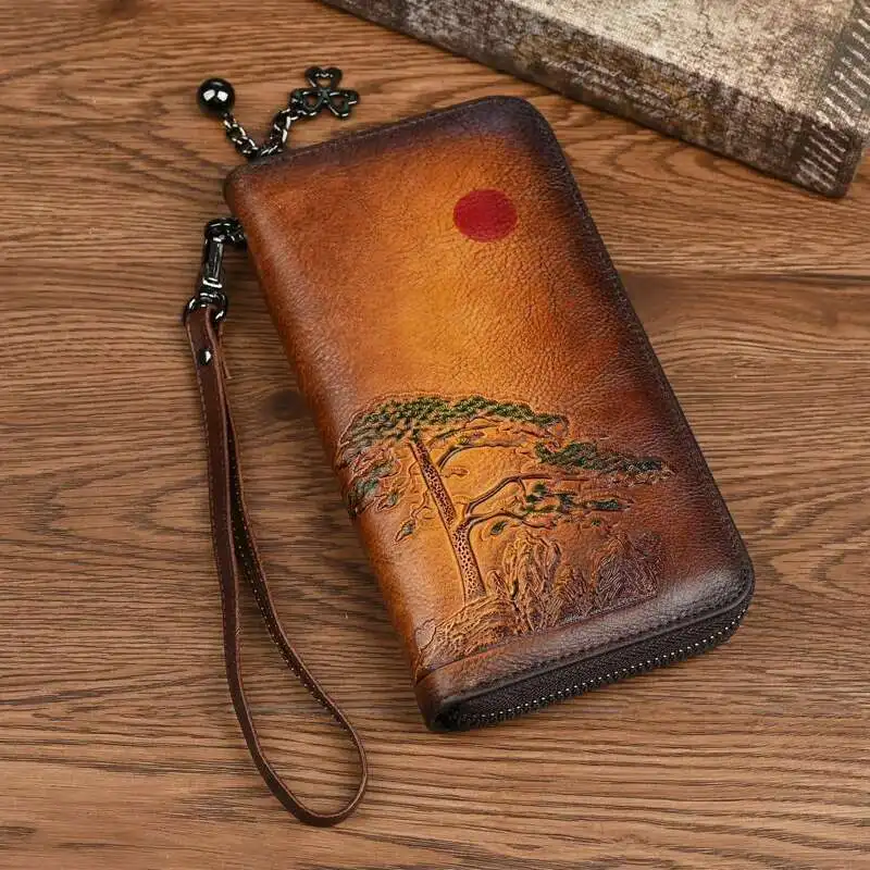 MOTAORA Women's Leather Wallet Handmade Genuine Cowhide Vintage Long Purse Card Holder Emed Leather Hand Wallets 2025 NEW