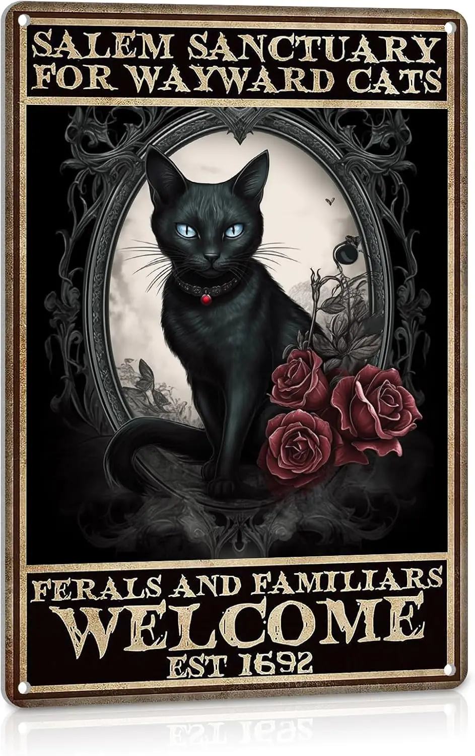 Gothic Decor Black Cat Sign Halloween Goth Room Wall Vintage Posters Whimsigoth Home Kitchen Witchy Metal -alum