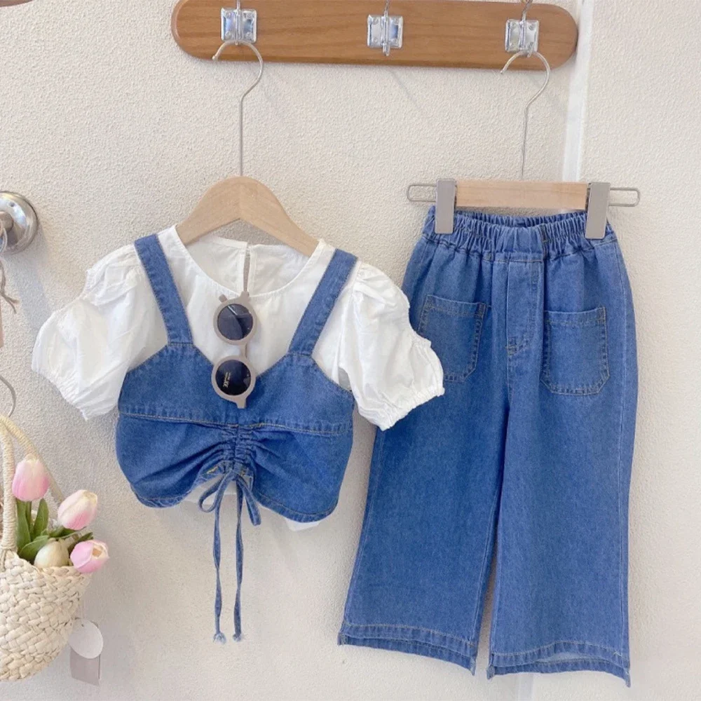 Girls Summer Fashion Outfit Solid Short Sleeve Shirt + Tank Top + Pant 3 Pcs Set 3-7 Years Children Casual Sweet Clothes