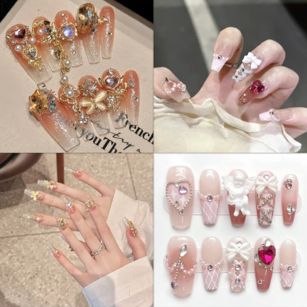 

3D Effect Pearl Handmade Press On Nails Glitter with Jelly Stickers Fake Nail Full Cover Bow Love Pattern False Nail