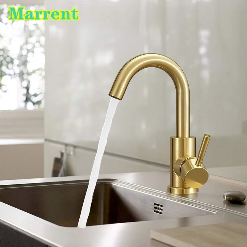 Luxury  Brushed Gold Hot and Cold  Kitchen  Sink Mixer Taps Deck Mount 360 Rotated Bathroom Faucet 304 Stainless Kitchen Faucet