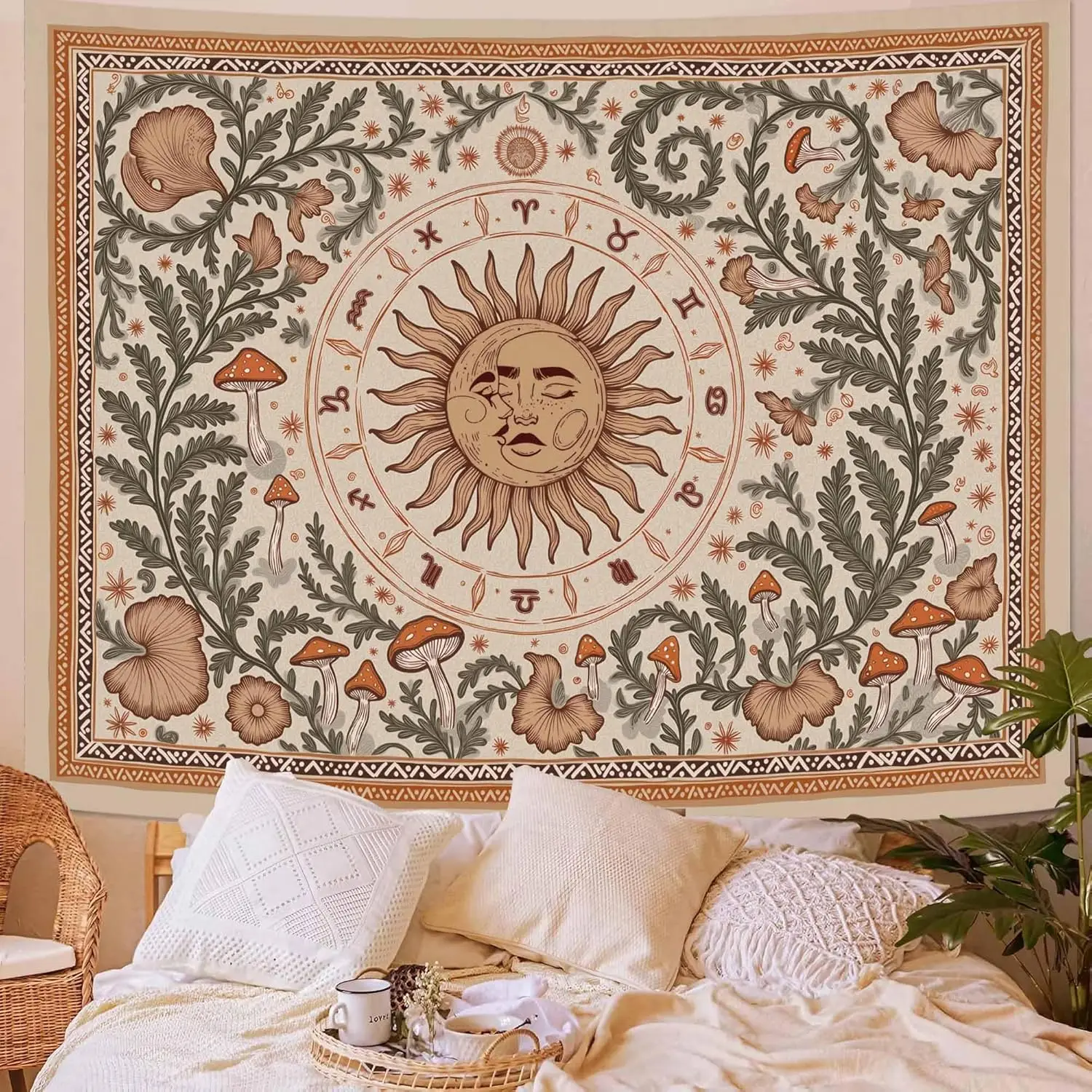 Sun and Moon Tapestry Wall Hanging Boho Vintage Mushroom Tapestries for Bedroomfor Bedroom Aesthetic Retro Plants Constellation