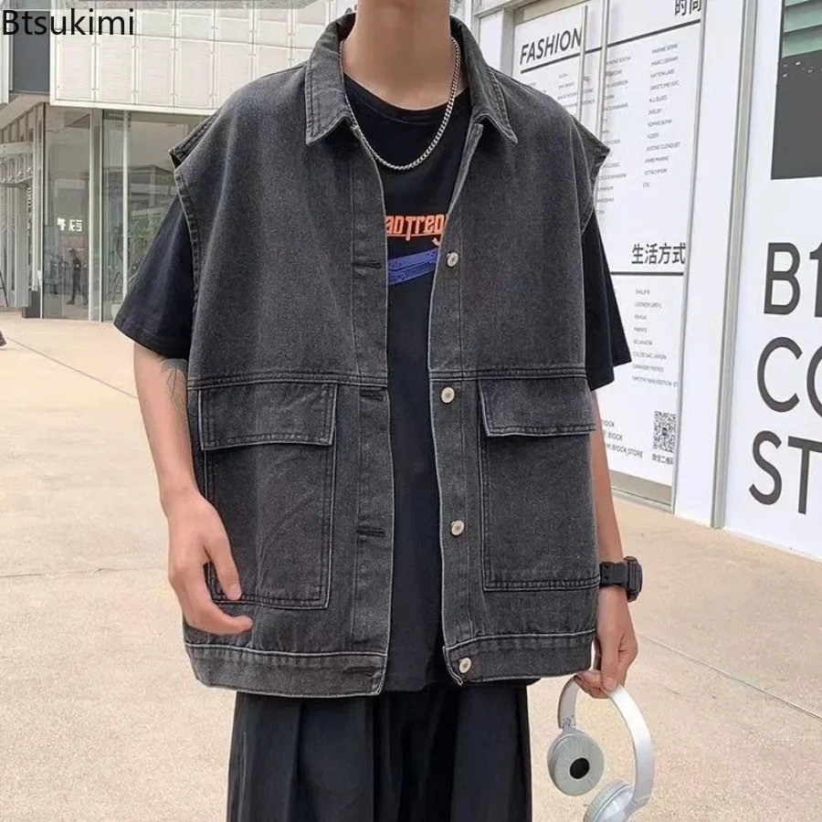 Men's Sleeveless Denim Vest Summer New Style Casual Loose Lapel Coats Fashion Versatile Single Breasted Blue Pockets Solid Tops