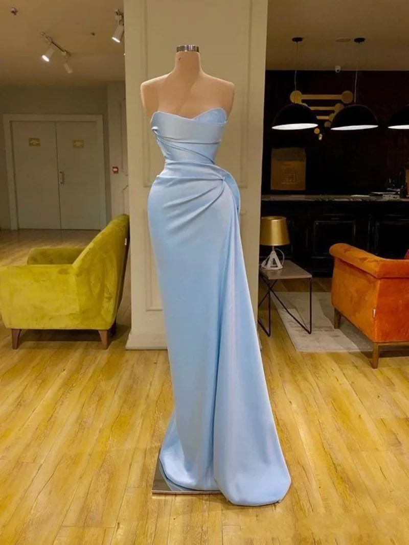 Customized Sweet Light Blue One Shoulder Bridesmaid Dresses Mermaid Long Satin Split Wedding Dress Slim Waist Mixed Styles Vesti