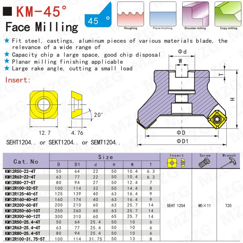 MaiFix KM12 50-4T 63-4T Clamped Fast Feeding Alloy CNC Tools for SEKT1204 Insert Face End Milling Cutter