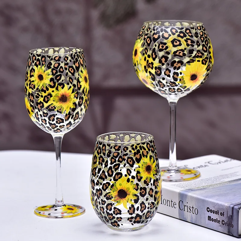 Creative Leopard Print Crystal Glass Cup, Sunflower High Footed Glass, Whiskey Cocktail Glass, Bar Accessories, Wine Glasses