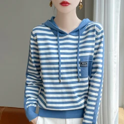New Fashion Autumn/Winter Soft Wool Knit Hooded Top For Women Pullover Two-Color Striped Long-Sleeved Hooded Sweater DMR500