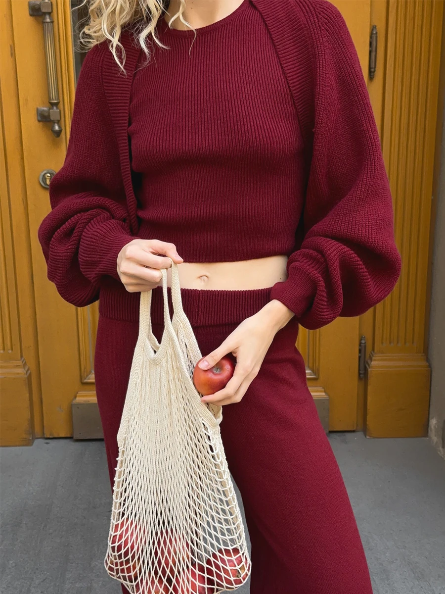 Bornladies Damen-Strickset, dreiteilig, Rundhalsausschnitt, ärmellose Weste, Cardigan und weit geschnittene Hose, minimalistisch, für den Alltag – Detail 15