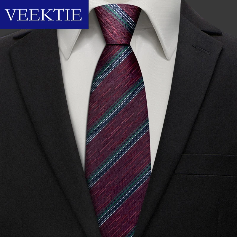 VEEKTIE Brand Novelty Neckties For Men Pre-tied Wedding Party Work Office Groomsmen Paisley Striped Printing 8cm Purple Cravates