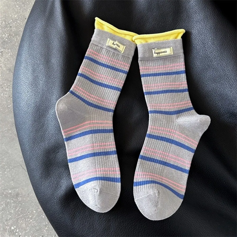 Fake Two-Piece Design Crew Socks Soft Knit Texture Mid-Calf Length Mid-Calf Socks Striped Pattern Knitted Socks For Women
