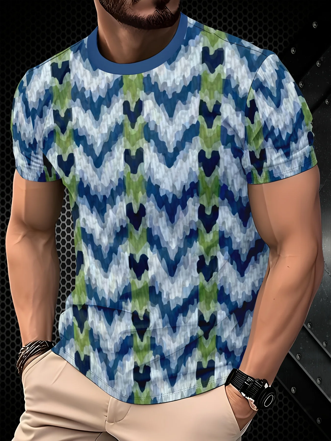Men 3D Print T-Shirt Blue Green Chevron Heart Tie Dye Pattern O Neck Short Sleeve Casual Summer Streetwear Tee