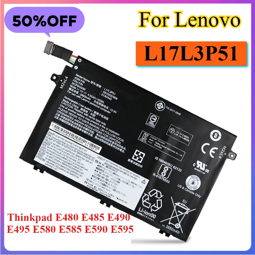 4050mAh Laptop Battery L17L3P51 For Lenovo ThinkPad E15 E480 E490 E495 E580 E585 E590 E595 Series 01AV445 L17M3P52 SB10K79606