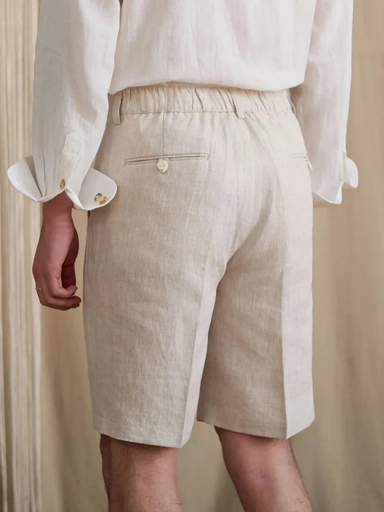 Summer Mens Office Work Suit Shorts 100% Linen High Street Knee Length Trousers Fashion Male High Waist Straight Casual Shorts