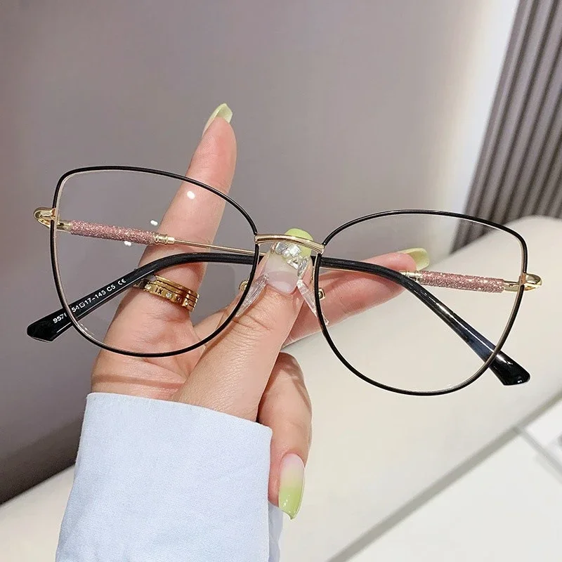 New Fashion Cat Eye Eyeglasses Frame Tide Luxury Unisex Glasses Students Anti-blue Light Myopia Glasses Shiny Flat Eyewear