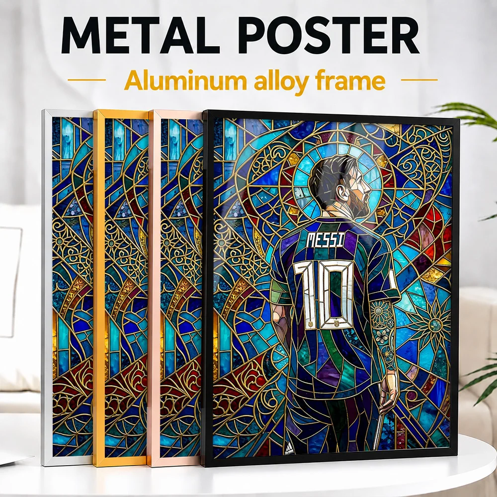 Lionel Messi Stained Glass Framed Aluminum Metal Poster Personalized Mosaic Style Wall Art For Games Room, Football Fan Gift