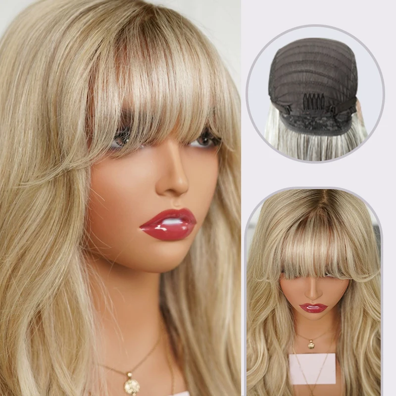 Perruque Synthétique Longue Bouclée Dorée Claire avec Frange Ombre pour Femme, Blonde Mixte, Platine Naturelle, Ondulée, 03/Cosplay