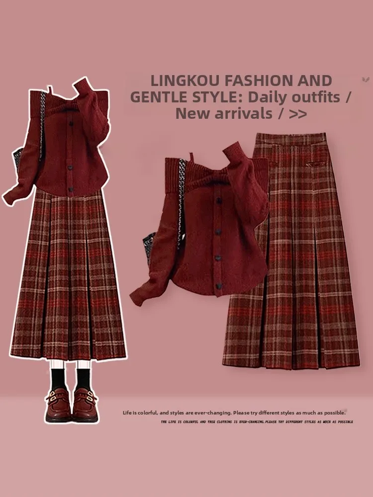 

Winter Autumn Plaid Knitted Cardigan And High Waist Skirt Two-Piece Set for Women Anti-Aging College Style New Year's Outfit